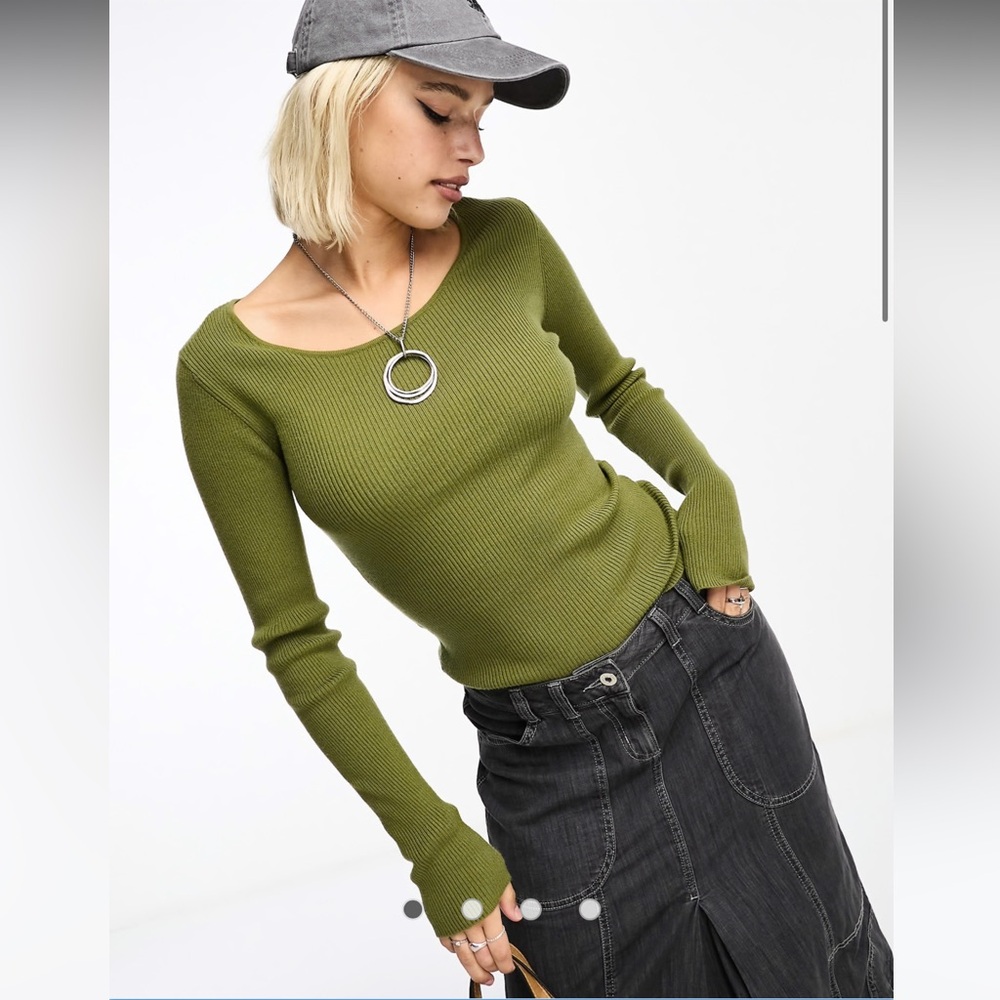 COLLUSION knit ribbed scoop neck sweater in Olive khaki